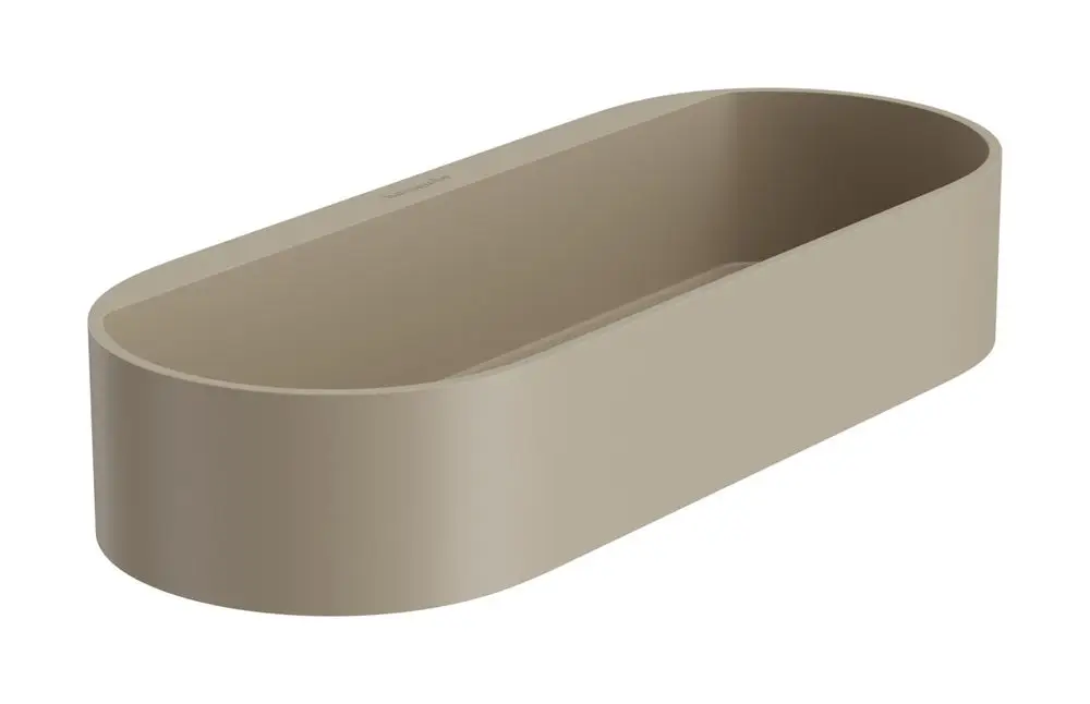 Ablagekorb in Sandfarbe mit ovaler Form, hergestellt aus recyceltem Material. Design von Hansgrohe, ideal zur Wandmontage für praktische Aufbewahrung.